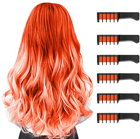 Capelli Gesso Pettine,6 Pezzi Gessetti per Capelli Fluorescenza Temporanei Gesso Ragazze di Compleanno per Bambini Età 5 6 7 8 9 10 Lavabile Tintura per Party,Giorno dei Bambini e Pasqua(Arancia)