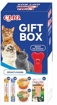 Ciao Cat Gift Box - 10x Churu, 2x Dashi Delights, 1x Chicken Fillet + 1 Free Feeding Spoon