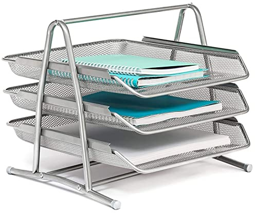 Raylu Paper - Ablage für Briefe und Dokumente, Schreibtisch-Organizer, 3 leicht zugängliche Metall-Ablagen, Größe A4, silberfarben