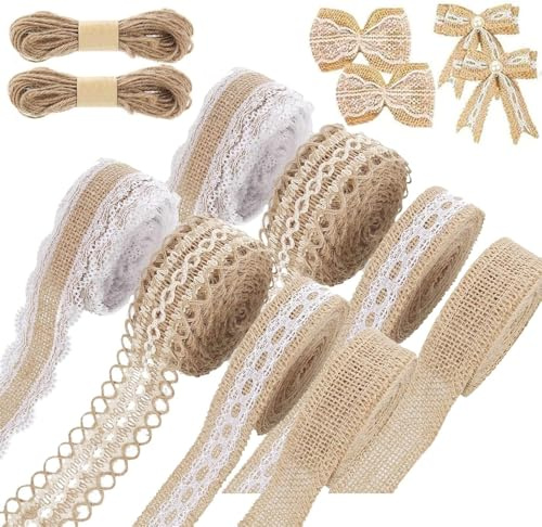 Vintage Juteband 8 Rollen, Spitzenband, 20m Hanfseil, Hochzeit Party | 8 Rollen Vintage Juteband, Natürliche Jute Bänder und Spitze, Leinwand Band für DIY Handwerk Deko Hochzeit Party Wohnkultur