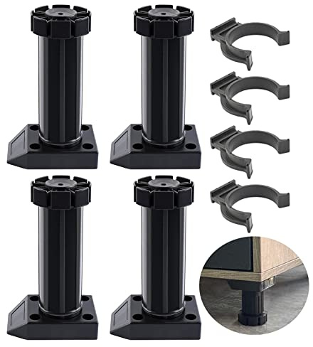 4 pcs Adjustable Height Plastic Cabinet Feet Leg, Kick Board Clips, Plinth Furniture Feet Levelling Foot, for Table Cabinet Workbench Kitchen Bathroom(Color:black,Size:8-12 cm)
