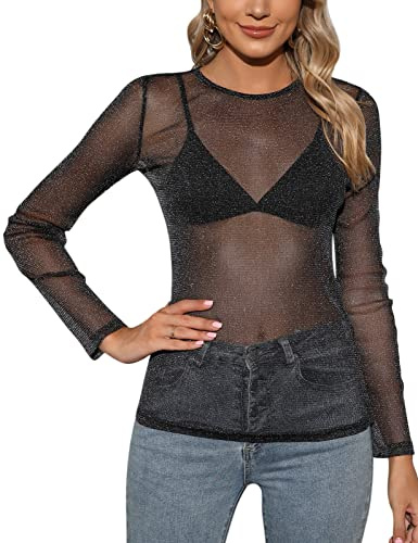 Niwicee Kvinnor nättoppar sexig långärmad ren nätskjorta fisknät ihålig topp damer rund hals smal passform blusar t-shirt transparent tunika svart klubbkläder skjortor t-shirt S-XL, c, S