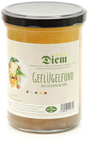 Diem - Hühnerbrühe mit WURZELGEMÜSE EINLAGE - Hühnerfond – aus Hühnerfleisch und Wurzelgemüse - Füllmenge 400g - im wiederverschliessbaren Weckglas