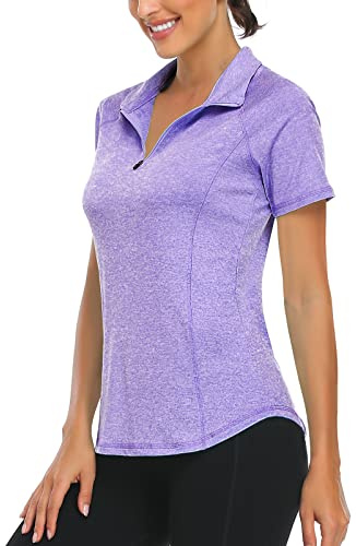 Syphiby Ladies Summer Short Sleeve Golf Sport Gym Tops Womens Polo Shirts | Women's 1/4 Zip V Neck Activewear, Workout Yoga Running Tennis Golf Tops Clothing, Quick Dry Lightweight Stretchy UPF 50+