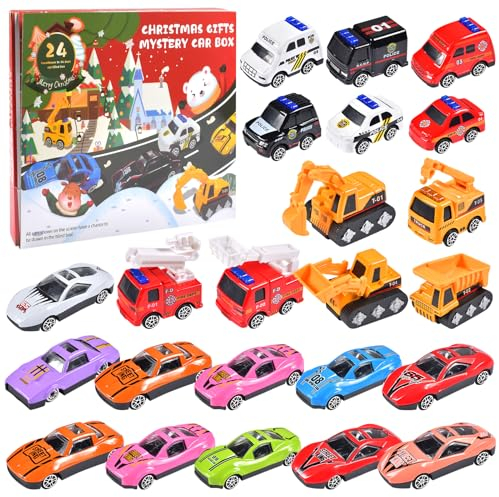 FGen Adventskalender 2023 Kinder, 24pcs Jungen Adventskalender Spielzeug,Weihnachtskalenderfür Jungs,Auto Spielzeug für Kinder,Spielzeug ab 2 3 4 5 6 Jahre,7 * 3 * 2.5cm