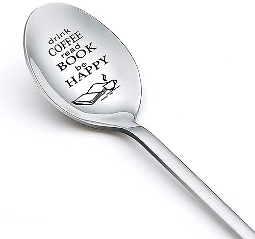 Coffee Book Gift Spoons for Women Men Drink Coffee Read Book be Happy Spoon for Son Coworker Coffee Book Lovers Gifts for Student Christmas Birthday Gifts Engraved Spoon