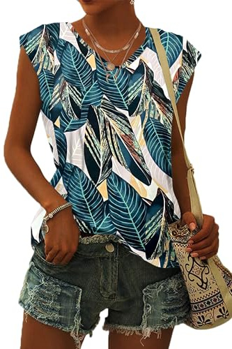 WNEEDU T-Shirt Damen Sommer V Ausschnitt Tank Top Locker Bluse Oberteile Top Sommer Damen Leicht und Luftig mit Flügelärmeln Tropischer Blattdruck L
