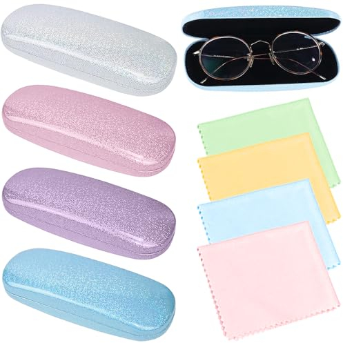 SXCCNW Brillenetui, 4 Stücke Brillenetui Hartschalen, Hartschalen Brillenetui Brillenbox mit 4 Stücke Mikrofasertuch für Brillen und Lesebrille, Geeignet für Damen, Herren 16,4 x 6 cm 4 Farben