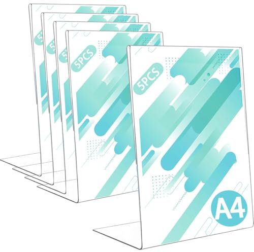 LOSYHU 5 Pack A4 Acrylic Sign Holder L-Shape Clear Poster Menu Holders A4 Table Desk Top Signs Display Stands A4 Perspex L Shape Holders for Promotion, Exhibition, Picture, Menu and Wedding