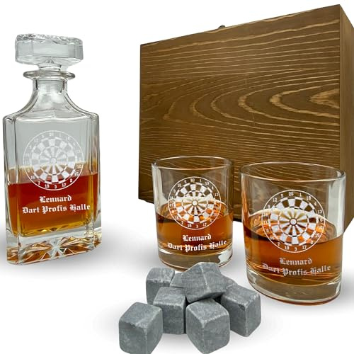 Whisky Set mit Gravur Dart personalisiert Karaffe 700 ml und Gläser verschiedene Motive Dartscheibe Dartspieler Geschenkbox (Motiv 3: ganze Scheibe, Box mit 1 Karaffe, 2 Gläsern und 8 Whisky-Steinen)