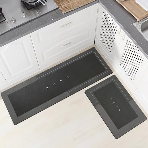 Topzywlc Kitchen Mat Set Non Slip Anti Mould, 2Pcs Quick Dry Magic Home Floor Mat Set, For Bathroom, Bedroom, Kitchen, Toilet, Door, Washing Table (Rectangular Dark Gray, 45 * 70cm + 45 * 150cm)