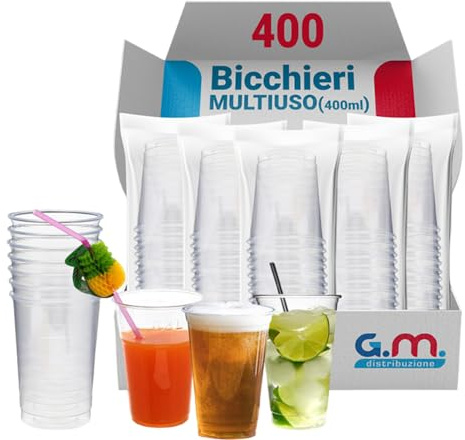 G.M. DISTRIBUZIONE 400 Bicchieri Multiuso in Polipropilene Trasparenti da 400ml, Bicchieri Usa e Getta di Alta Qualità per Bevande, Cocktail, Birra, Granita