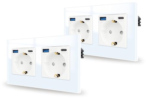 Jimeida 2-pack dubbeluttag med USB 20W i vitt, 16 ampere, skyddskontakt-uttag i glas, infälld, 2 fack, vägguttag med USB A och typ C, 157 x 86 mm, 250 V