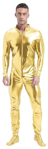 iEFiEL Herren Overall Metallic Ganzkörperanzug Langarm Body Silber Kostüm Sportlich Bodysuit Einteiler Gymnastikanzug Gold M