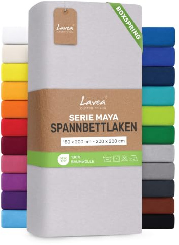 Lavea® Spannbettlaken 180-200x200 cm - für Boxspringbett – Silber | Jersey Spannbetttuch mit 40 cm Steghöhe, 100% Baumwolle, weich, atmungsaktiv, pflegeleicht, formstabil – Perfekte Passform