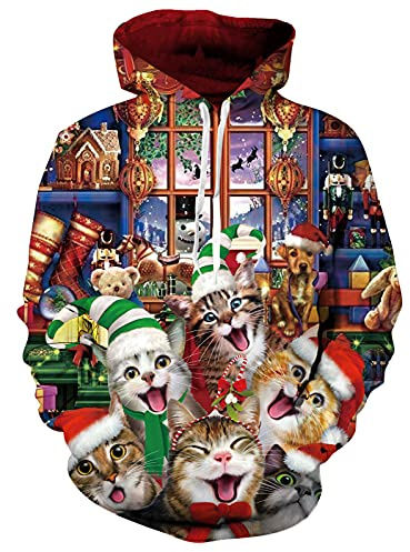 Freshhoodies Noël Hommes Sweats à Capuche Pull 3D Imprimer Chat Manches Longues Sweatshirt Femmes Adolescents Garçons Fête Cadeau, M