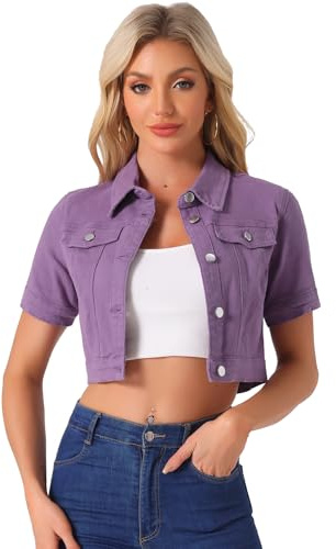 Allegra K Veste Jean Femme Rétro Blouson Denim Courte Boutonnage Col Revers et Taille Cintrée Manches Courtes Style Vintage Décontracté | Longueur courte pour une silhouette flatteuse, fermeture boutonnée sur le devant, festivals de musique, sorties quotidiennes