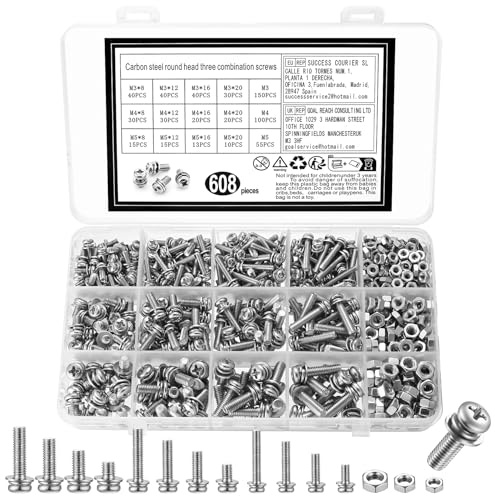 608 Stück M3 M4 M5 Schrauben Set, Kreuzschrauben mit Muttern Set, Linsenkopfschrauben Muttern Set mit Unterlegscheiben Set, Rundkopfschrauben Gewindeschrauben Set, Maschinenschrauben Sortiments Set