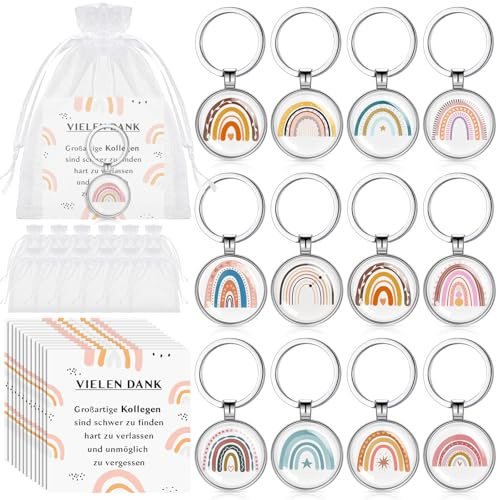 Kasyat 12 Sets Geschenke inklusive 12 Schlüsselanhänger 12 Karten 12 Organzasäckchen für Abschied Danke Weihnachten Silvester Kollegen Freunde