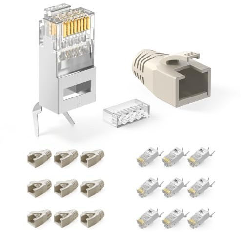 LEENUE Blindado 10 Unidades RJ45 Conector CAT 7 Pass Through, 10Gbit/s | Dorado Conectores RJ45 para cable de instalación Cat 7 Cat6A, compatible con cables de instalación 22-24 AWG, reutilizables
