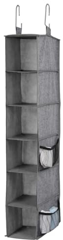 Alex Nash Fabric Hanging Wardrobe Organiser - 3 or 6 Shelf Storage for Clothes, Shoes, Accessories - Space-Saving, Eco-Friendly Durable, Organiser with Sturdy Hooks - Grey (6 Shelf, Slim)