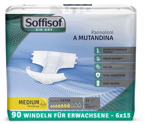 Soffisof Air Dry Pañales Adultos Extra M - 90x Pañales Adultos Absorción Hasta 7 Gotas - 6 Paquetes de 15 Protecciones Incontinencia Hombre y Mujer