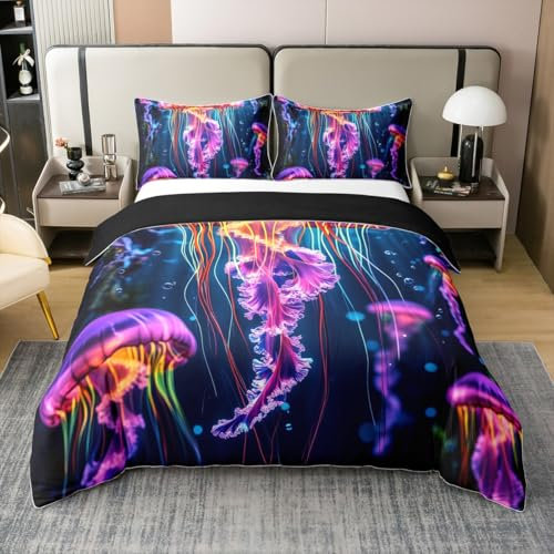 Loussiesd Set di biancheria da letto con motivo meduse, per letto king size, motivo oceano, creatura marina e mondo sottomarino, 100% cotone, colore: viola mare
