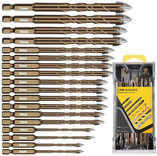 18 punte per trapano in carburo per muratura, punta a croce, punte in carburo per cemento, piastrelle, mattoni, vetro, ceramica/cemento, codolo esagonale da 3-12 mm, design a doppia scanalatura per