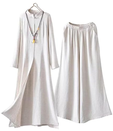 Women Zen Meditation Clothing,Chinese Traditional Tai Chi Suit Cotton Linen Martial Arts Set Long Sleeves Dress + Pants,Cream-L