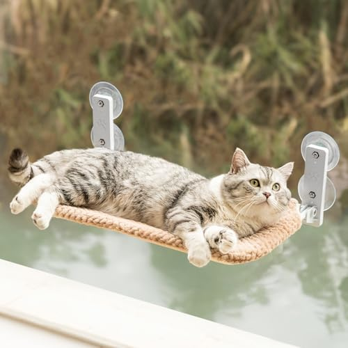 EDAGNY Hamac doux pour chat de fenêtre pliable - Perchoir de fenêtre en peluche pour chat avec housse double face, Cadre en acier stable pouvant supporter jusqu'à 18kg, Marron M