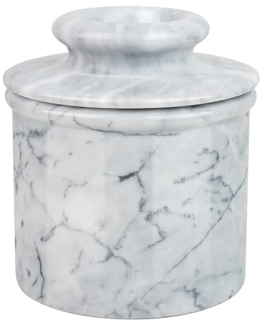 Mantequilla blanca ahumada de mármol, vasija de mantequilla francesa hecha a mano con línea de agua para mantequilla untable, jarra de mantequilla con tapa para mostrador