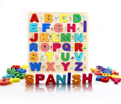 MAYAPHILOS Rompecabezas del Alfabeto, Rompecabezas de Madera para Niños Pequeños con 27 Letras en Español, Coloridos con Formas del Alfabeto para Niños, Juguetes Educativos