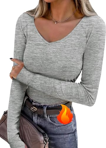 Wayleb Camiseta Térmica Mujer Manga Larga Cuello en V Ajustada Elástica con Agujeros para Los Pulgares Tops Deportivo de Invierno para Running y Gym