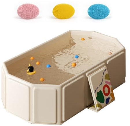Bañera Plegable, Bañera Independiente Portatil Lavabo de Ducha Portátil Integrado con 3 Cepillos de Silicona Antideslizante Tapón hermético Piscina Infantil Plegable 75x70x20 cm