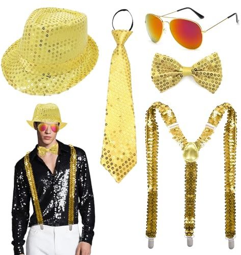 Xerteam Glitzer Outfit Herren, Pailletten Kostüme Herren mit Glitzer Hut Fliege Krawatte Y-Back Hosenträger Silber Gläser, Disco Kostüm Accessoires für Fasching Disco Retro-Party (Golden Pailletten)