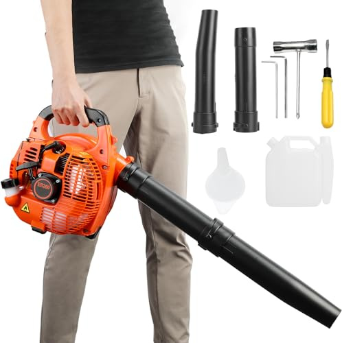 Souffleur de feuilles à essence 26 cc 2 temps, 0,75 kW 7500 tr/min, soufflage de feuilles portable avec tuyaux de soufflage réglables pour la neige, l'entretien de la pelouse, le nettoyage de la rue