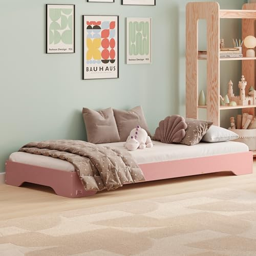 smartwood Kinderbett 120x200 cm mit Lattenrost, aus Holz, Rosa, TILA 7 | Montessori Bodenbett, Einstiegshöhe 18 cm, Belastbar bis 300 kg, FSC-Kiefernsperrholz, abgerundete Kanten, Einfache Montage