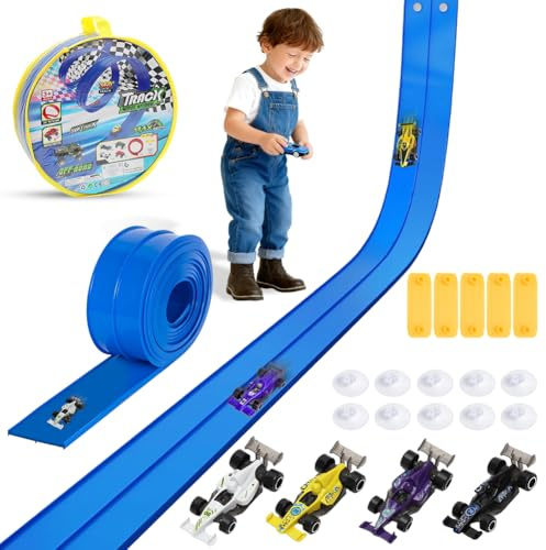 DASIAUTOEM Flexibel bilbana med 4 bilar – 5 m bärbar racerbana och ramper för barn – bilracerbana leksak, julklappar, presenter för pojkar och flickor – blå, 5 meter