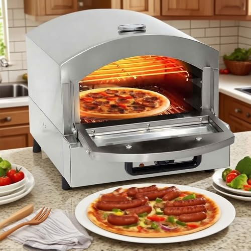 QFGain Forno con Pietra per Pizza da 30 Cm, Piano Cottura Elettrico da Banco con Termometro Esterno/Manopola di Regolazione della Temperatura 50-350°C/Guanti Termoisolanti/Finestra Visiva/Maniglia