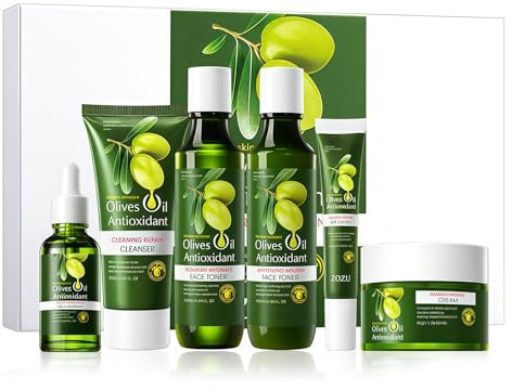 Set per la cura della pelle all'olio d'oliva, Set Idratante per La Cura,siero viso, crema per gli occhi, toner e lozione il viso, kit la della pelle antirughe,6 Pezzi