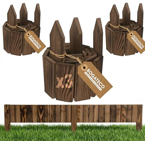 BOGATECO Lot de 3 bordures de parterre en bois - Clôture enroulable - 20 cm de haut et 112 cm de long - Clôture en lattes - Idéale comme bordure de parterre ou délimitation de chemin - Marron