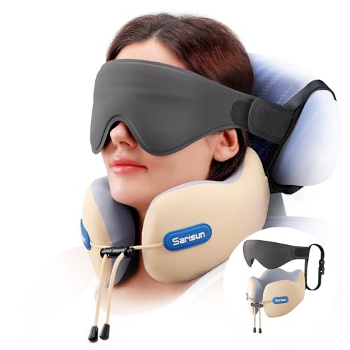SARISUN Almohada de Viaje para Cuello, Cojin de Viaje Cuellos para Avión y Coche, Neck Travel Pillow, Viajes Accesorios Incluye Almohada Viaje Cuello Antifaz 3D para Dormir, Espuma Memoria Beige