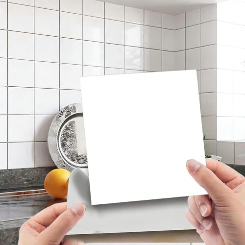 Lot de 96 autocollants pour carrelage de salle de bain et cuisine - 15 x 15 cm - Carreaux adhésifs imperméables pour mur arrière de cuisine - Film mural en PVC (blanc)