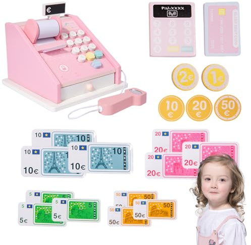 Kinder-Registrierkassen-Spielzeug – Kassierer-Spielset aus Holz, Geldzähl-Lernspiel | Buntes, langlebiges Register mit Scanner, Kreditkarte, Münzen, Scheinen, Rollenspielspaß, Lernspielzeug für Vorsch