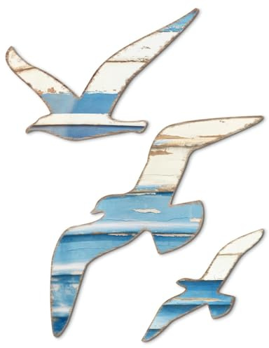 Putuo Decor 3er-Set Holz Möwe Wanddeko, Nautische Küsten Wandkunst, Möwen Skulptur mit Klebestreifen, Seehaus Badezimmer Wohnzimmer Ozean Dekoration