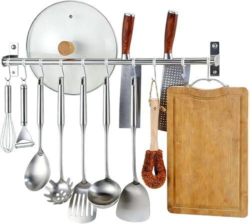 Hittriu 50cm Stainless Steel Kitchen Utensil Rack with 10 Hooks, Self-adhesive Drilling Wall Mounted Kitchen Utensil Rail, Silver Pan Hanger for Bathroom Bedroom Living Room