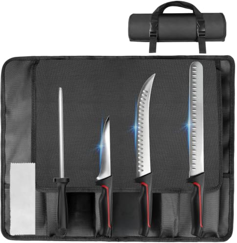 MOSFiATA Messerset 3-Teilig Küchenmesser Metzgermesser Set mit Rolltasche | Enthält 28cm Schinkenmesser, 25cm Fleischermesser, 16cm Filetiermesser Ausbeinmesser, Wetzstahl, wasserdichte Oxford-Tasche
