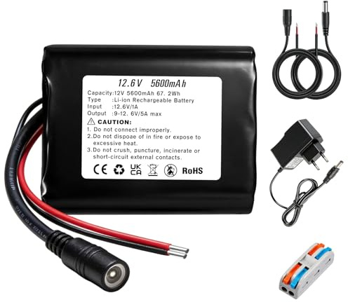 Batería recargable de iones de litio de 12 V, 5600 mAh, con cargador y cable de conexión para radio, cámaras, videocámaras, lámpara de lectura, telescopio, sonar y dispositivos electrónicos