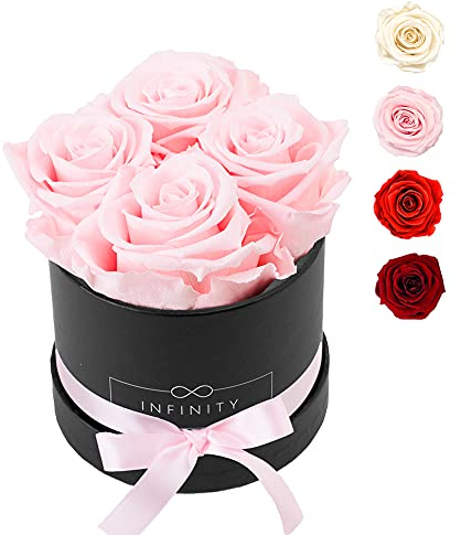 Flowerbox - 4 Infinity Rosen in Rosenbox (3 Jahre haltbare konservierte Ewige Blume). Inklusive Geschenkbox & Rosenduft - Frisch handgemacht von Deutschen Meisterfloristen