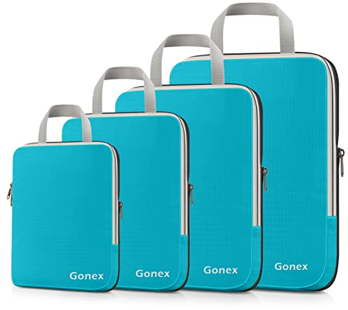 Compression Packing Cubes 3/4er Set, Gonex Kleidertaschen 4-teilig Verpackungswürfel, Kleidertaschen Set, Kofferorganizer Reise Würfel, Blau(4er)